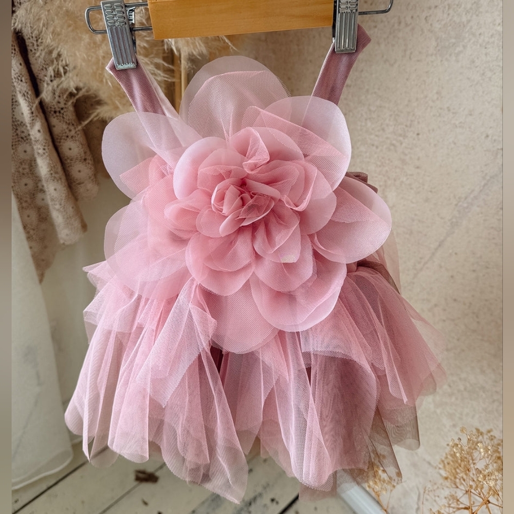 Girls Pink Floral Tulle Party Dress